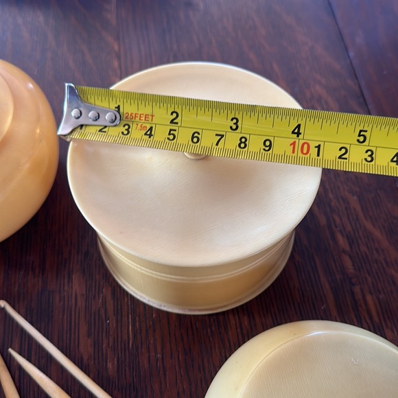 Antique Ivory Celluloid Vanity Set. 4 containers w lids, 1 hand mirror & 3 hooks - Picture 3 of 16